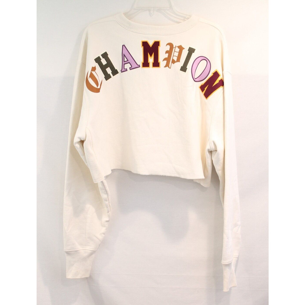 Champion Graphic Cropped Sweatshirt Womens size L Ivory Round Neck Long Sleeve